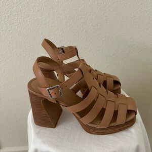 Crown Vintage FARLIE Tan Leather Ankle Strap Block Heel Sandals Women Size 8M